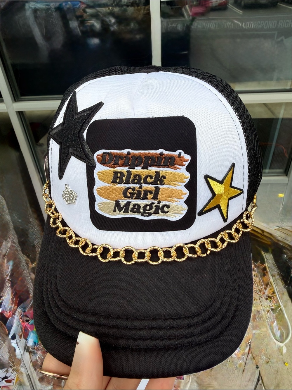Black & White 'Drippin Black Girl Magic' Trucker Hat with Gold Chain
